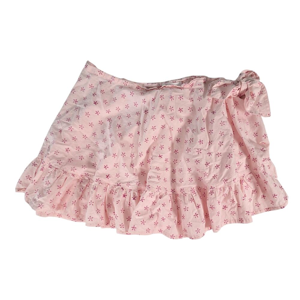 Emily Levine Wrap Mini Skirt Sz M/L Pink Floral Cotton Ruffled Summer Versatile